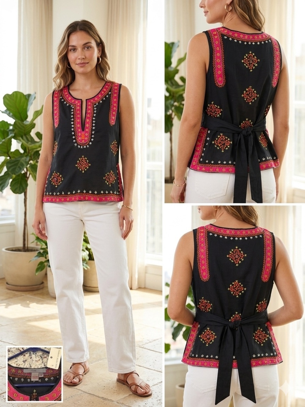 Saks Fifth Avenue Black Sleeveless Embroidered Tie-Back Camisole with Pink Trim